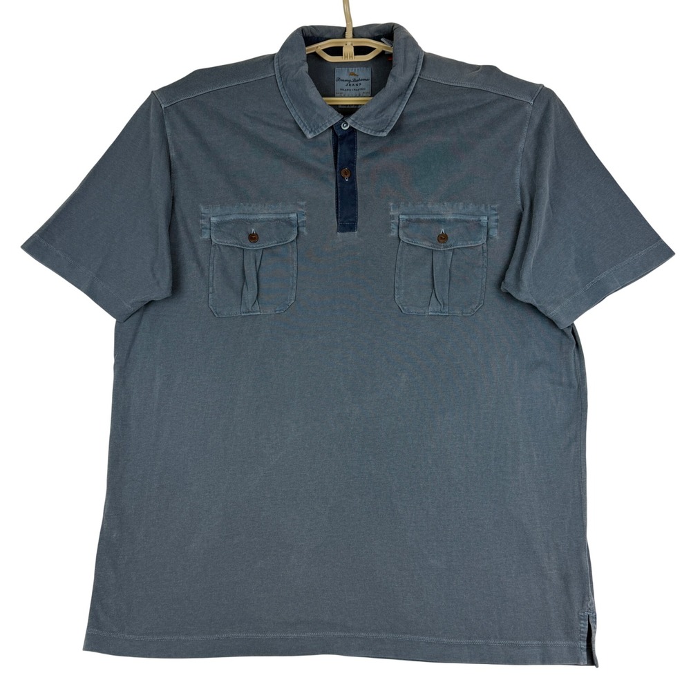 Tommy Bahama Polo Shirt Mens XL Island Modern Fit Pima‎ Cotton Blue Gray Pockets